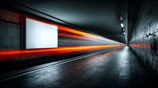 Moody long-exposure of a blank illuminated billboard in a gritty subway. Passing train creates vibrant red and white light trails.