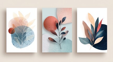 Abstract Botanical Art: Three art prints feature colorful abstract shapes and botanical elements, evoking a sense of serene simplicity and artistic expression. 