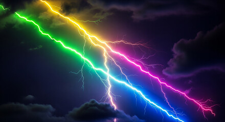 Lightning flashes strike the night sky with bright neon highlighter colors like green, yellow, pink, and blue, intense glow, dramatic atmosphere, futuristic digital art style, sharp details, high cont
