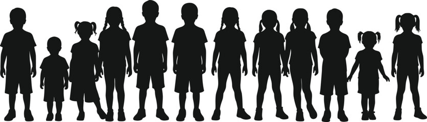 Children silhouette vector, diverse kids standing, black outline illustration, group of boys and girls, child posture, hairstyle, age variation, editable