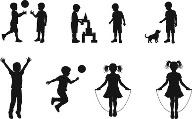Children silhouette, kids playing, outdoor activity, childhood fun, jumping, skipping rope, teamwork, dog companion, block building, energetic movement, black vector illustration