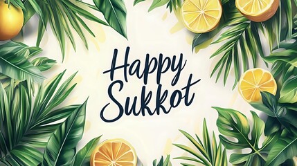 Fresh tropical palm leaves frame festive Sukkot greeting with citrus fruit slices and modern calligraphy on light background, celebrating Jewish holiday.