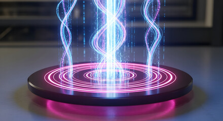 Futuristic energy vortex beams rise from glowing platform