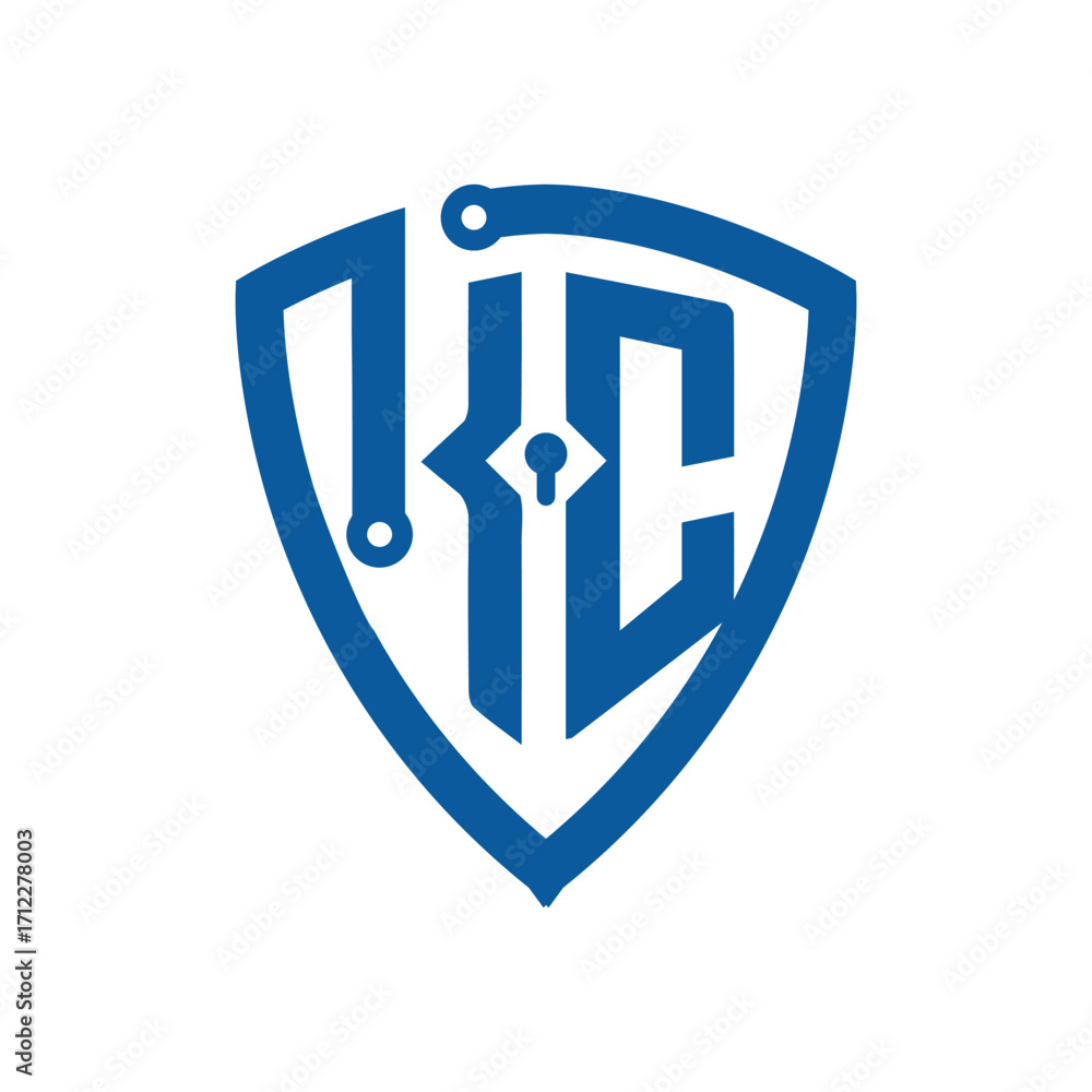 Poster the image shows a flat monogram logo design of initials kc inside a shield made of node lines with a