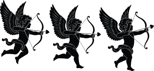 Cupid silhouette vector, flying cherub with bow and arrow, romantic love symbol, Valentine's Day illustration, heart arrow clipart, stock design