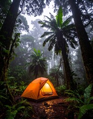 Orange tent nestled in a misty rainforest