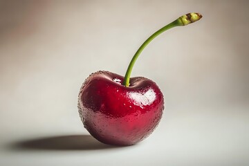 Fresh ripe red cherry with water drops and green stem on light background, macro photography with soft focus and natural lighting effect.