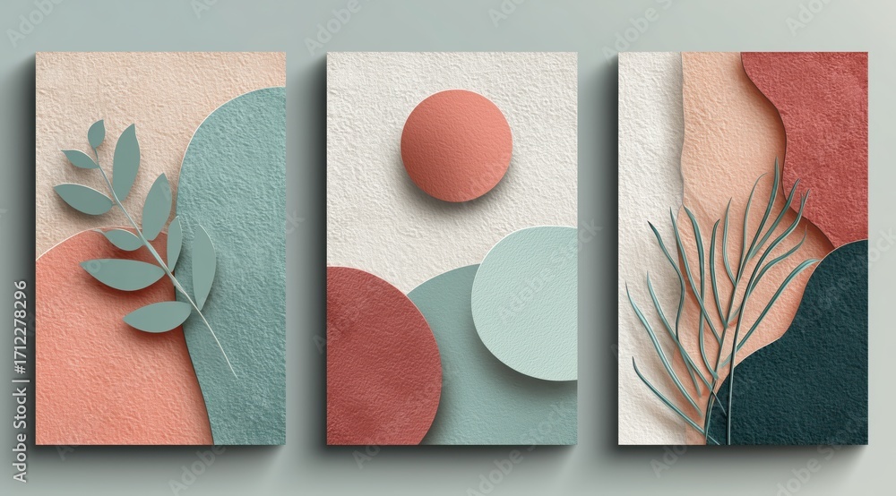 Poster abstract botanical triptych: captivating triptych showcases contemporary art with delicate botanical