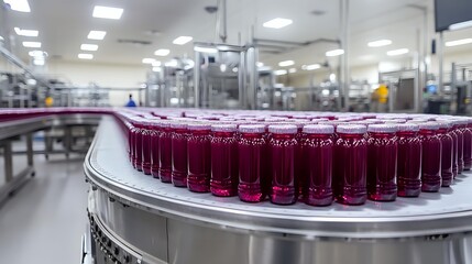 Rows of medical test tubes with purple liquid samples arranged in circular pattern on automated laboratory equipment. Modern clinical testing facility background.