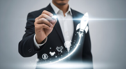 Businessman launches success with rocket, goals, and money icons