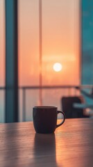 Fototapeta premium A tranquil sunrise view complements a dark-hued coffee cup on a light-colored wooden surface.