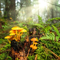 Golden mushrooms in a forest