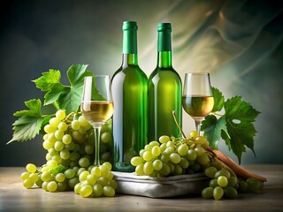 Elegant still life of white wine bottles, grapes, and glasses, creating a sophisticated and inviting scene
