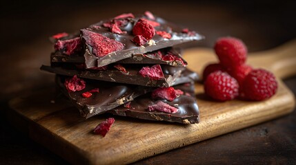 A handmade dark chocolate bark with freeze-dried raspberries, elegant packaging