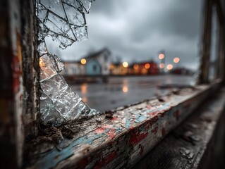 Obraz premium Poignant, atmospheric photograph from inside a derelict building, looking through a shattered window at a bleak, overcast urban scene.