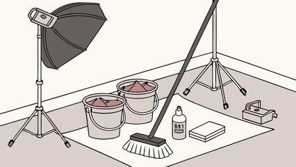 Studio Photography Setup Lighting Equipment Cleaning Supplies Photo Shoot Preparation Isometric Illustration.