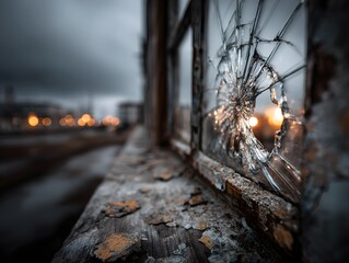 Obraz premium Poignant, atmospheric photograph from inside a derelict building, looking through a shattered window at a bleak, overcast urban scene.