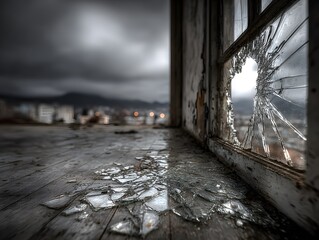 Obraz premium Poignant, atmospheric photograph from inside a derelict building, looking through a shattered window at a bleak, overcast urban scene.