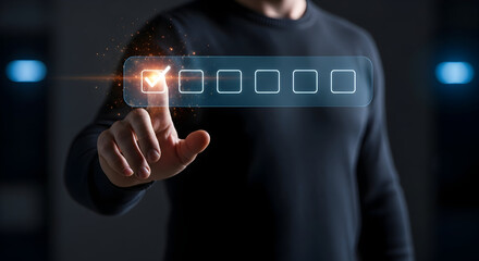 Man selects option on futuristic digital checklist interface