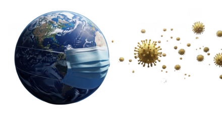 Earth wearing a medical mask with virus particles isolated on transparent background