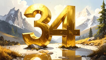Golden number 34 in a mountainous landscape
