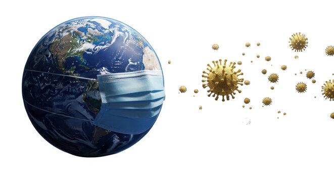 Earth wearing a medical mask with virus particles isolated on transparent background