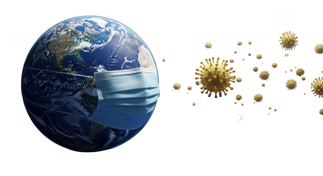Earth wearing a medical mask with virus particles isolated on transparent background - Powered by Adobe