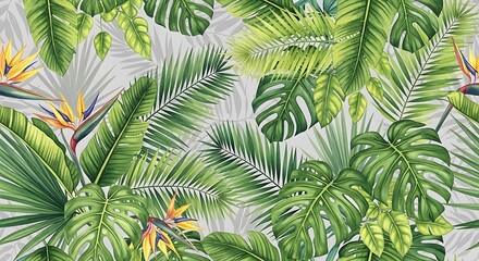Tropical Foliage Pattern with vibrant leaves and flowers.