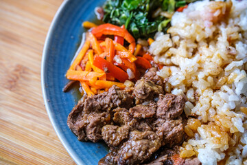 Korean Style Chilli Beef with Rice and Vegetables