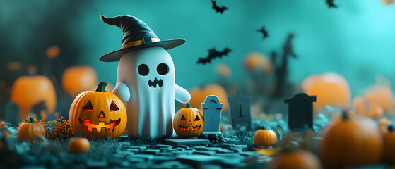 Happy Halloween. Simple background surrounded by pumpkins, ghosts, leaves, trees and graves.