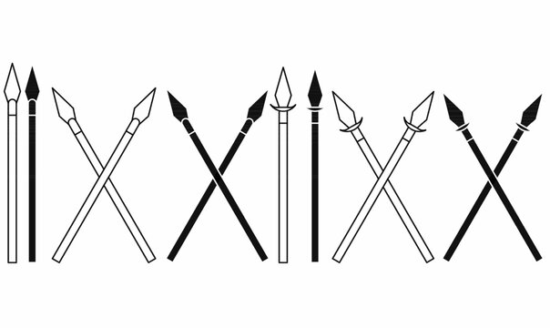 Spear icon set in outline, silhouette and crossed style. Traditional weapon with sharp blade and wooden shaft, tribal hunting tool symbol for history, warrior, battle, and culture design
