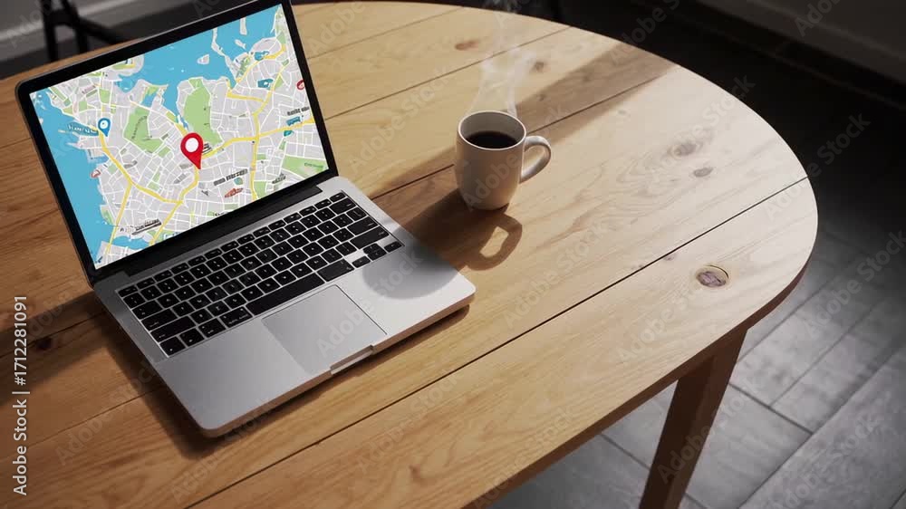 Poster sunlight illuminates a laptop displaying an online map with a location pin, accompanied by a steamin