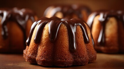 A mini bundt cakes with chocolate glaze, warm-toned backdrop
