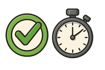Time management concept with check mark and stopwatch. Fast work, efficiency, and productivity. Deadline met, task done, project completed. Approved sign. Success. Vector icon set.