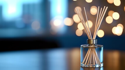 Aromatic reed diffuser with white sticks in glass vessel against blurred bokeh lights background creating cozy atmosphere for spa and wellness decor.