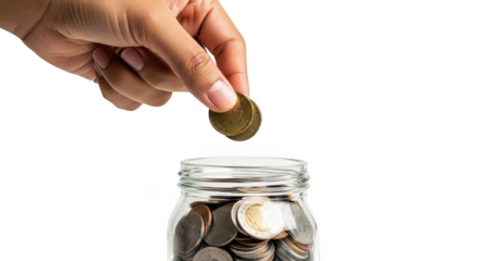 Hand dropping coin into glass jar isolated on transparent background