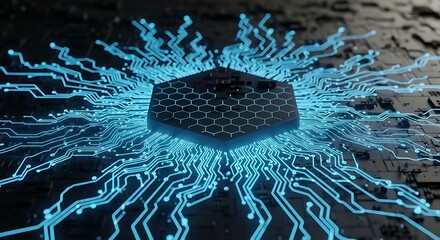Abstract futuristic hexagonal processor chip with glowing blue circuits radiating outwards on a dark background, representing technology and data flow