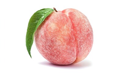 A single fresh peach with a green leaf, professionally photographed in sharp focus on a clean white background.