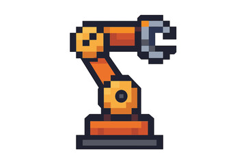 Robotic arm pixel art icon. Vector illustration of a factory manipulator. Concept for industrial automation, manufacturing, technology, and assembly line. 8-bit retro game style.