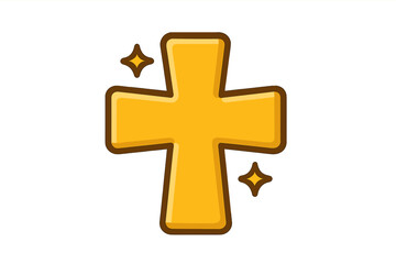 Obraz premium Golden cross icon. Shiny Christian religious symbol. Flat cartoon vector illustration. Holy faith crucifix sign with sparkle effect. Isolated on transparent background design element.