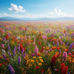 Fototapeta premium Hyperrealistic sunrise meadow with wildflowers, misty mountains, soft glow, vibrant colors, dreamy photorealistic atmosphere. 