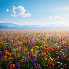 Obraz premium Hyperrealistic sunrise meadow with wildflowers, misty mountains, soft glow, vibrant colors, dreamy photorealistic atmosphere. 