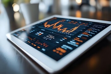 Digital tablet displaying financial analytics dashboard with orange graphs and charts on dark background, modern business data visualization for market analysis.