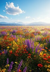 Obraz premium Hyperrealistic sunrise meadow with wildflowers, misty mountains, soft glow, vibrant colors, dreamy photorealistic atmosphere. 