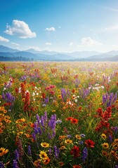 Fototapeta premium Hyperrealistic sunrise meadow with wildflowers, misty mountains, soft glow, vibrant colors, dreamy photorealistic atmosphere. 