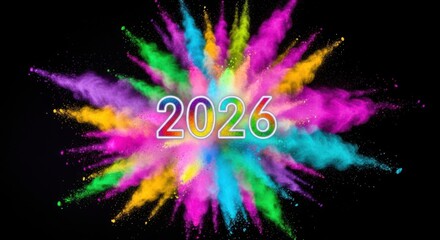 Colorful Powder Explosion with 2026 Text Celebrating New Year Festivities