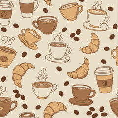 Obraz premium Seamless pattern of coffee cups croissants and coffee beans in brown and beige tones vector