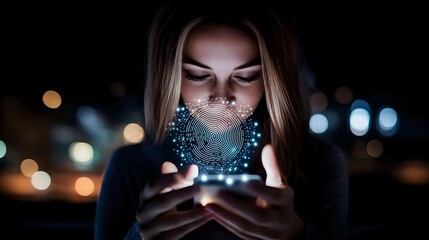 Young woman holding glowing smartphone in darkness with digital network hologram projection emerging from screen, illuminating face with blue light against bokeh background.