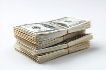 Stacks of cash bundled together on a plain background