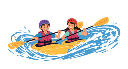 Two people paddling a yellow kayak on wavy blue water.